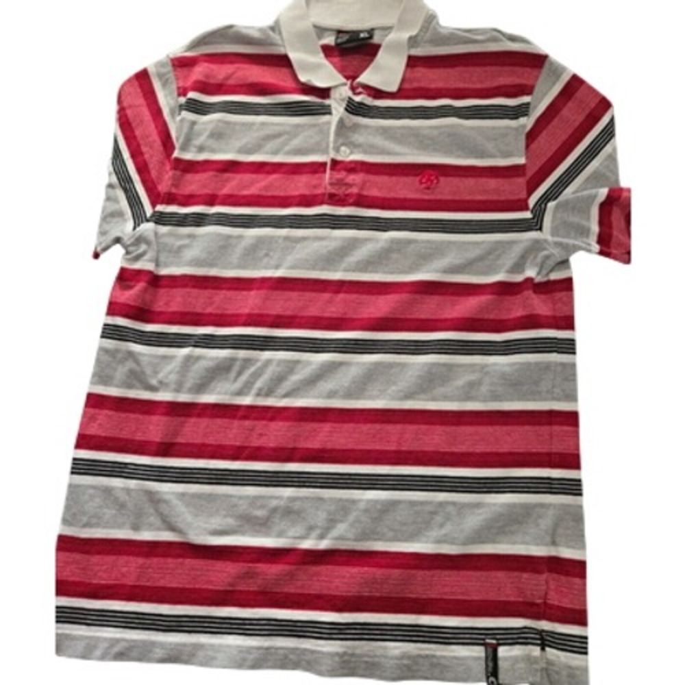 Southpole Mens XL Polo Shirt Striped Red Gray White Black Short Sleeve Cotton
